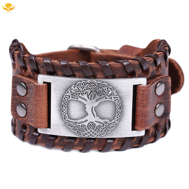 Wide Leather Alloy Tree of Life Bracelet