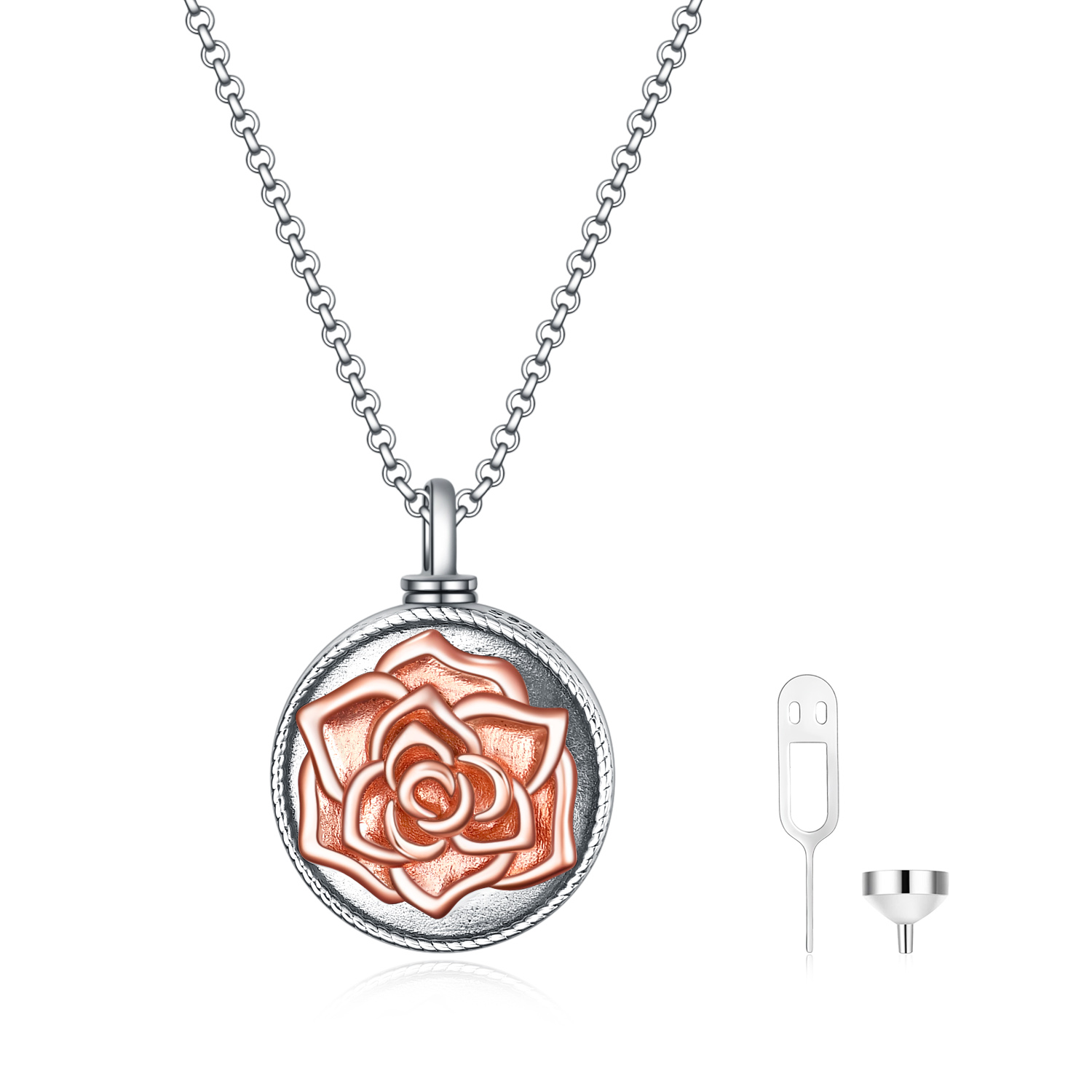 Sterling Silver 3D Rose Flower Urn Necklace for Ashes Cremation Jewelry Engraved Forever In My Heart