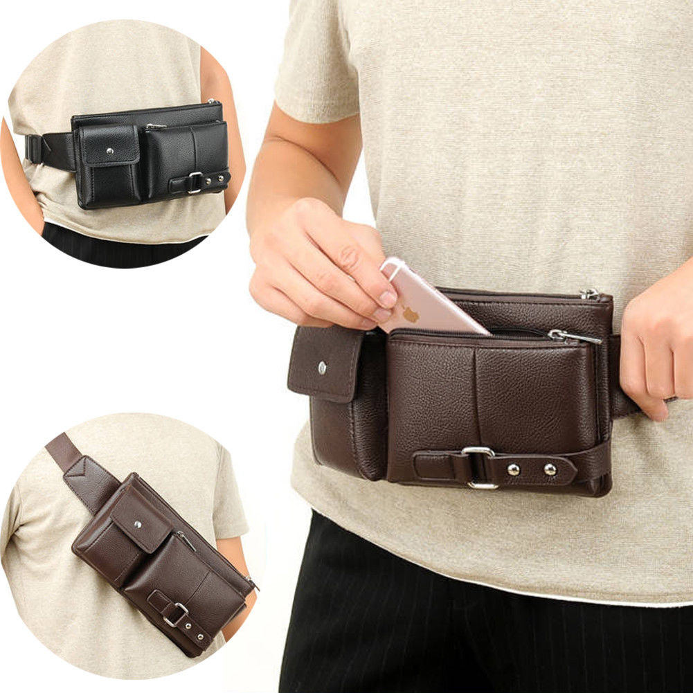 Men's Belt Bag Classic Solid Color PU Leather Waist Bag Outdoor Leisure Travel Fanny Pack Purse - Minihomy