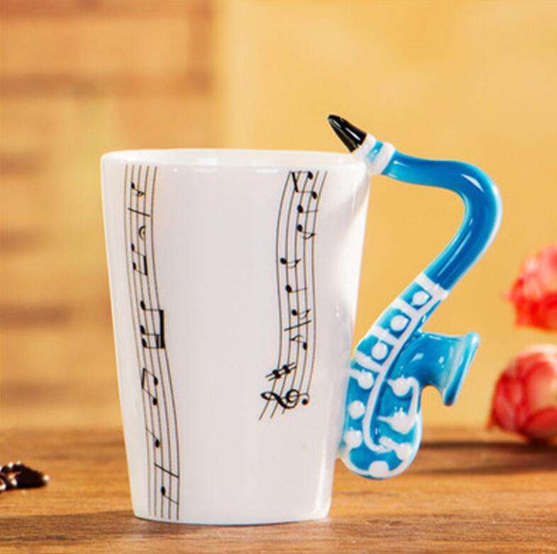 Coffee cup with music notes in the form of saxophone handle ceramic porcelain cup of tea milk method - Minihomy