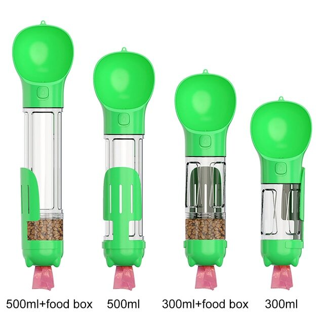 Color: green, Size: 300ml - KOMMILIFE Portable Dog Water Bottle Drinking Bottle Feeder Poop Dispenser 3 In 1 Leak-proof Multifunctional Dog Waterer - Minihomy