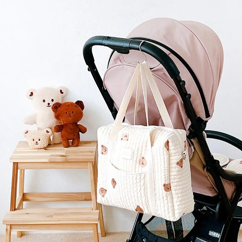 Color: small rabbit - Bear Embroidery Baby Diaper Bag for Mother Cotton Mommy Bag Maternity Nappy Stroller Organizer Women Shoulder Bag Travel Outdoor - Minihomy