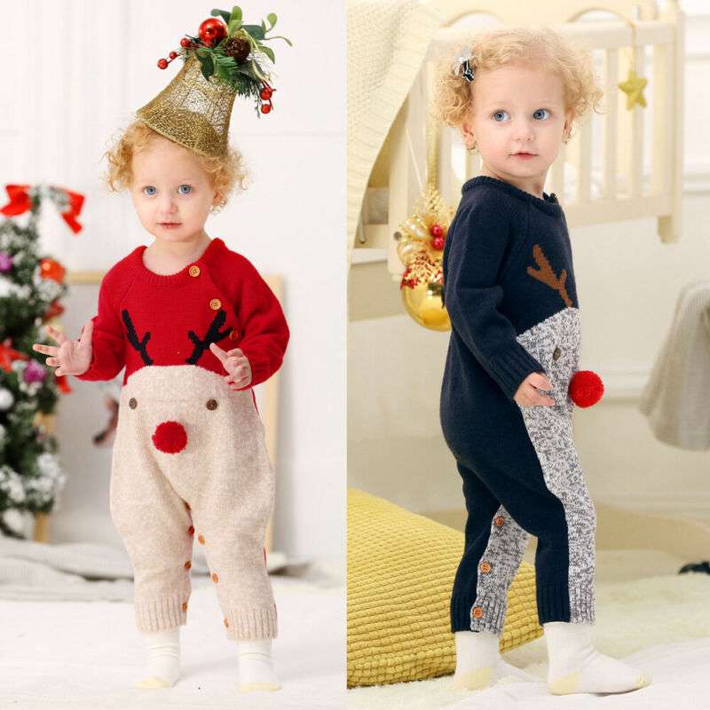 Boys and girls knitted cartoon deer romper Christmas sweater - Minihomy