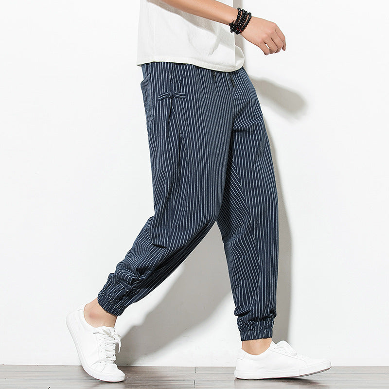 Thin Breathable Cotton and Linen Disc Buckle Casual Harem Pants