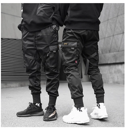 Men Black Hip Hop Cargo Pants Elastic Waist Jogger Trousers - Minihomy