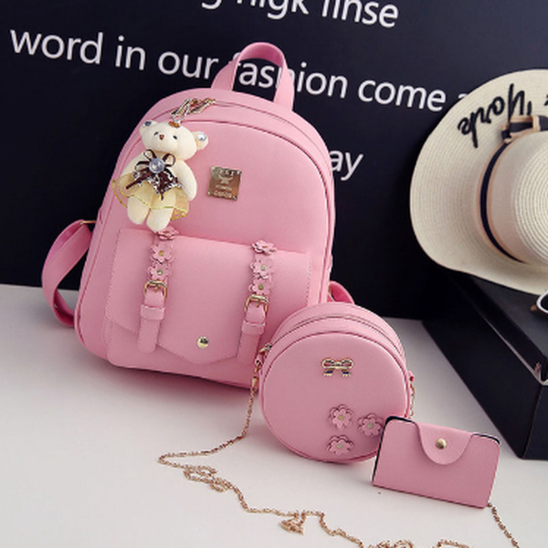 3pcs Set Bag Women Leather Backpack Cute School Backpacks For Teenage Girls Female Shoulder Bag Flowers Purse - Minihomy