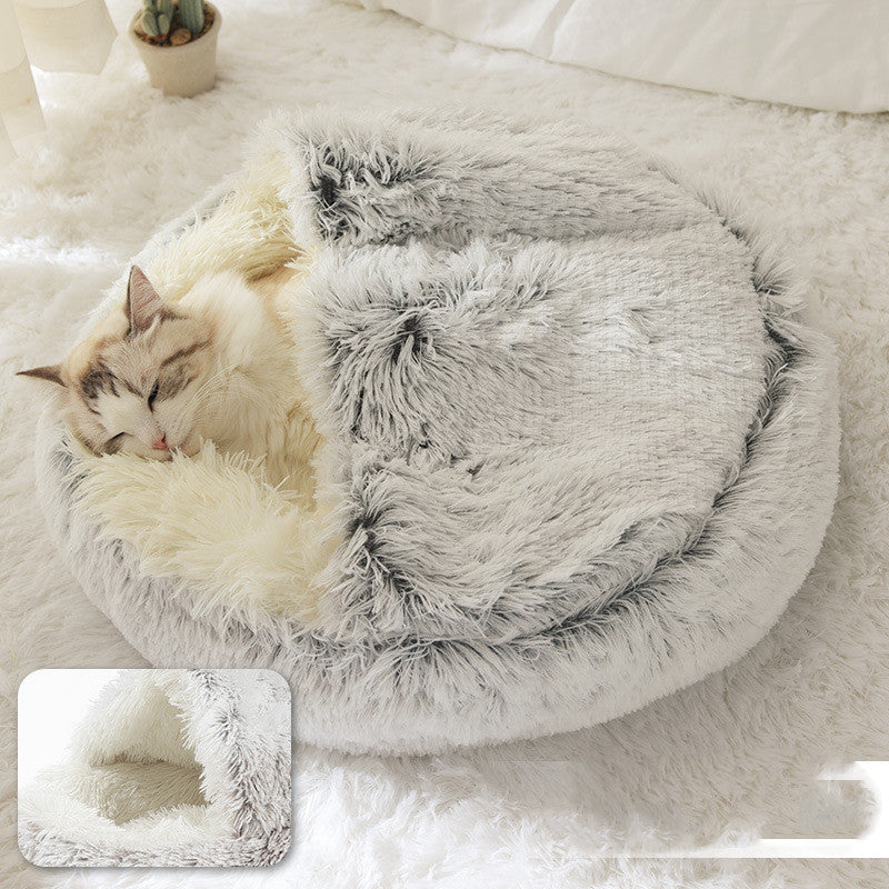 Pet Bed Round Plush Warm Bed House Soft Long Plush Bed  2 In 1 Bed - Minihomy