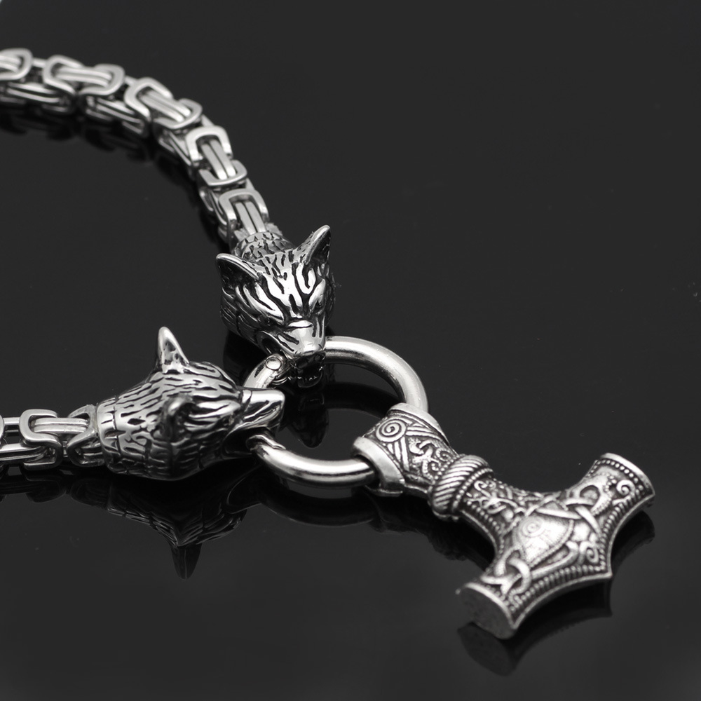 Explosive Viking Wolf Head Hammer Trendy Male Amulet Stainless Steel Emperor Chain Jewelry - Minihomy