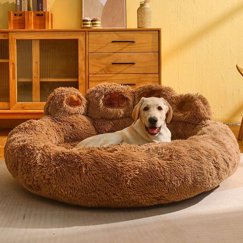 Cozy Bear Paw Pet Bed - Long Plush Round Cat and Dog Mat for Deep, Warm Sleep - Minihomy