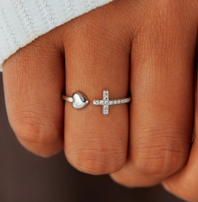 S925 Sterling Silver Love Cross Women's Open Ring