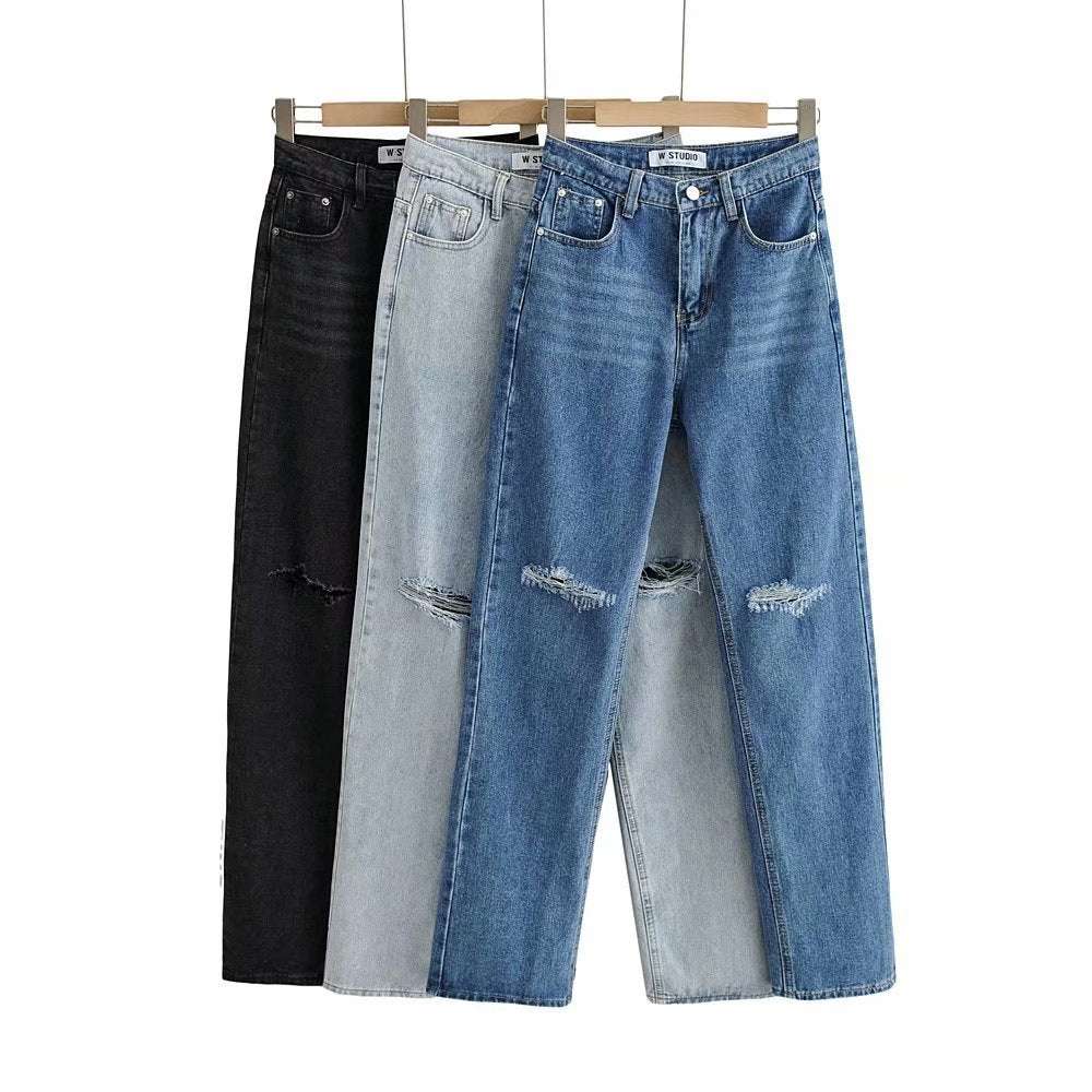 Double-knee Holes Rolled Edge Mopping Jeans - Minihomy