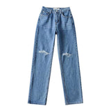 Double-knee Holes Rolled Edge Mopping Jeans - Minihomy