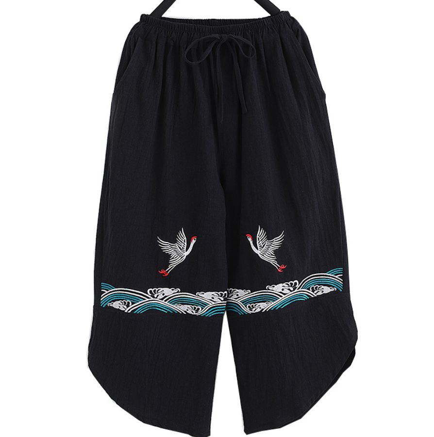 Chinese Style Retro Double Crane Pants - Minihomy