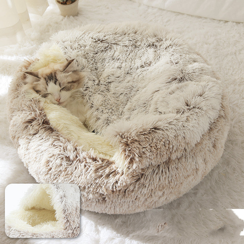 Pet Bed Round Plush Warm Bed House Soft Long Plush Bed  2 In 1 Bed - Minihomy