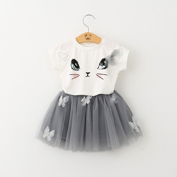 Girls Kids Cute Cat Short Sleeve T-Shirt Butterfly Beaded Puffy Skirt Set - Minihomy