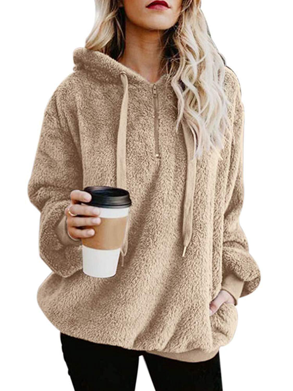 Plus Size Fall Winter Long Sleeve Plush Hooded Shirt Warm Sweatshirt - Minihomy