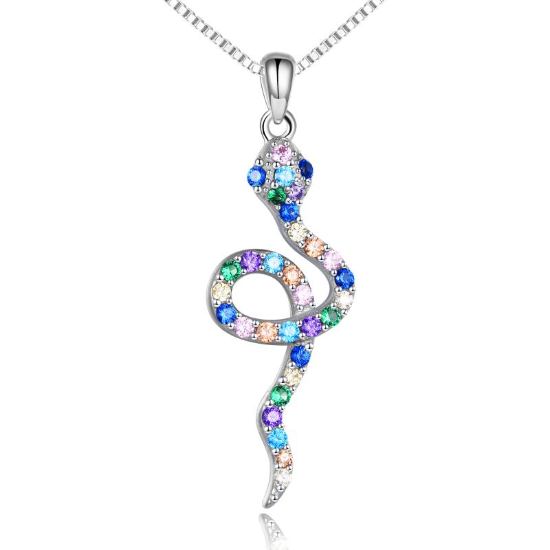 Snake Necklace Sterling Silver Animal Pendant with Color zircon Jewelry for Women Girls