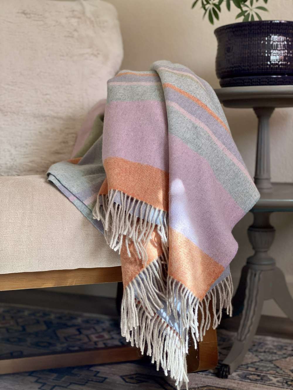 Blue and Pink Woven Wool Striped Throw Blanket - Minihomy