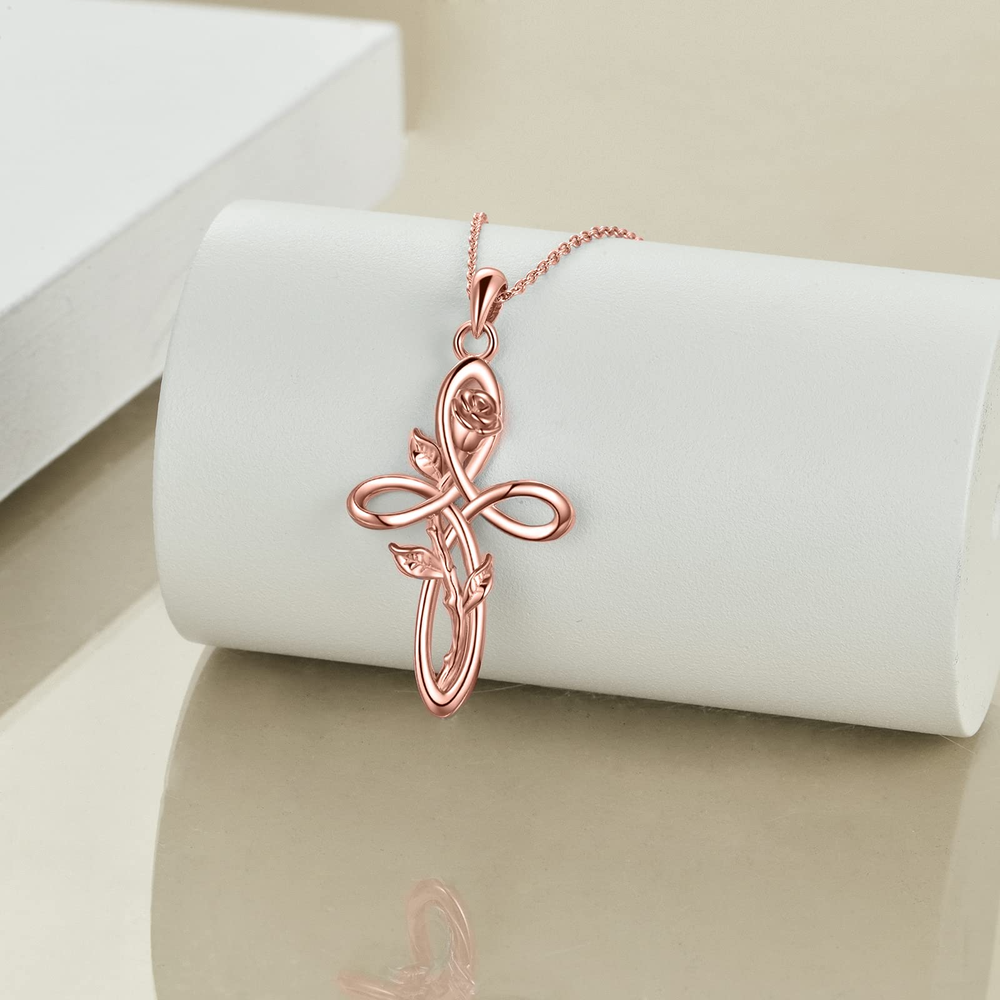 Cross Necklace with Sunflower Rose Flower Sterling Silver Infinity Love Celtic Knot Pendant Necklace for Women - Minihomy