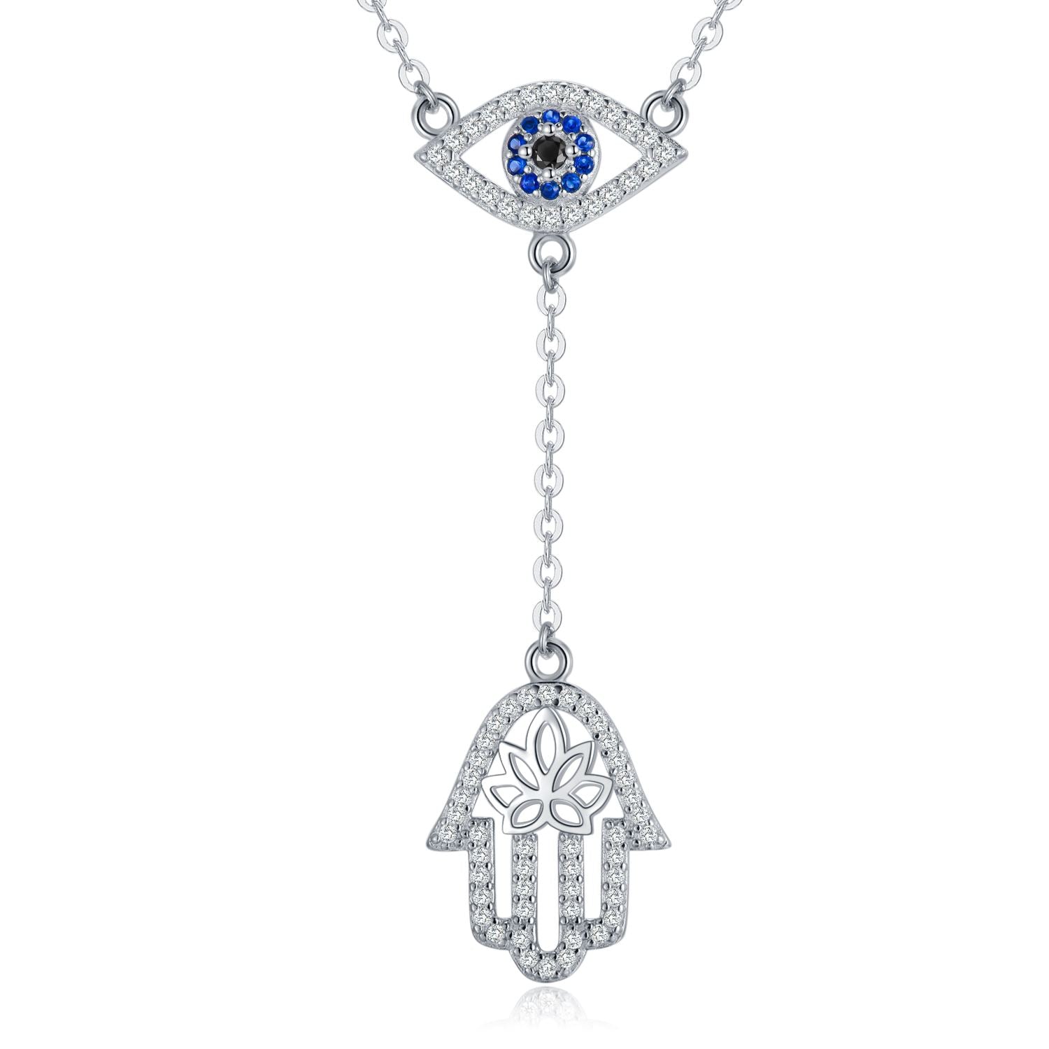 925 Sterling Silver Hamsa Hand Evil Eye Pendant Cubic Zirconia Protection Amulet Necklace - Minihomy