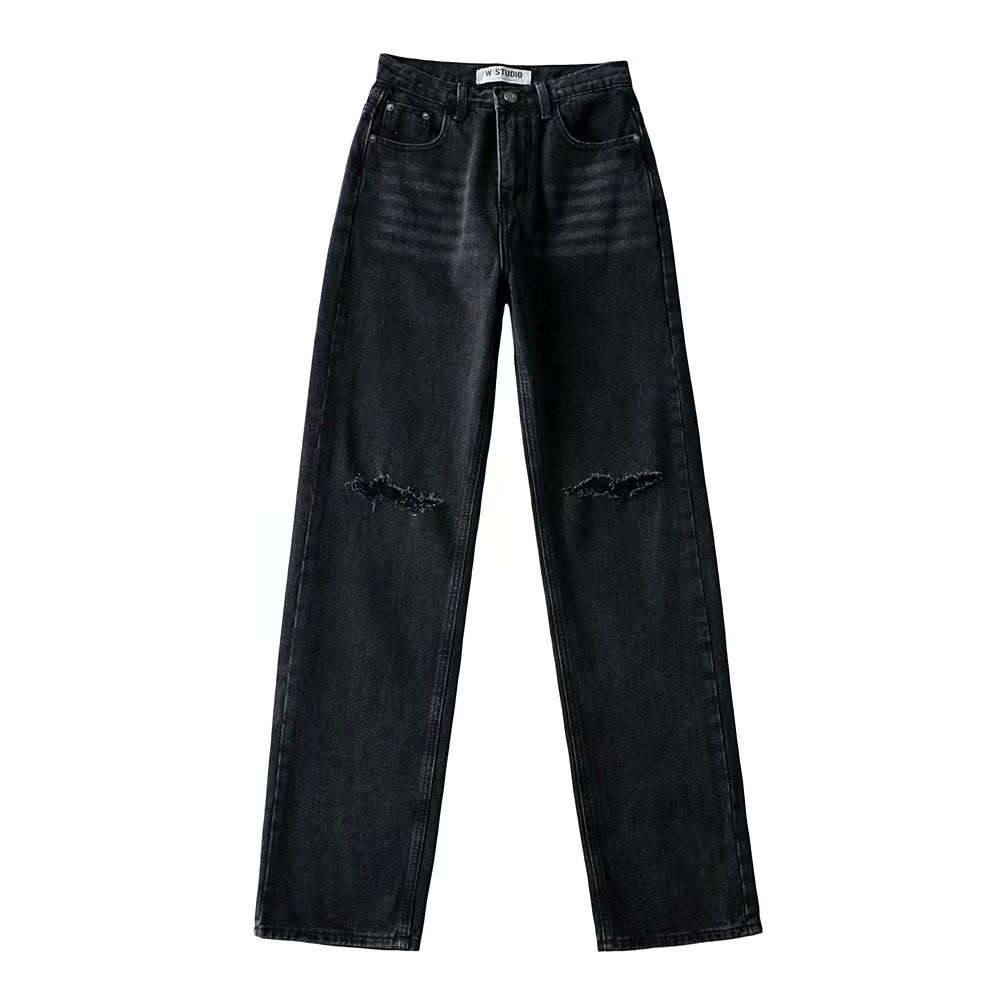 Double-knee Holes Rolled Edge Mopping Jeans - Minihomy