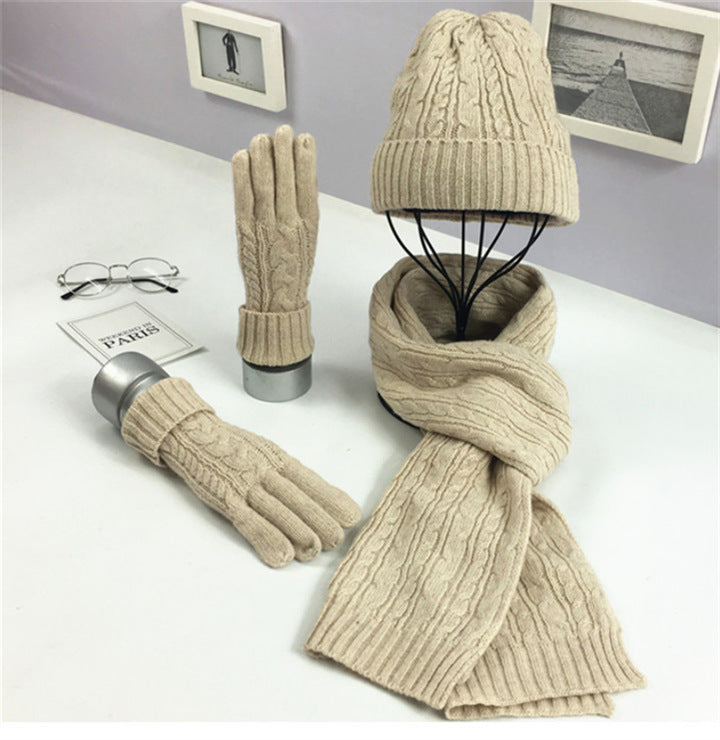 Solid Color Twist Warm Hat Scarf Glove Set