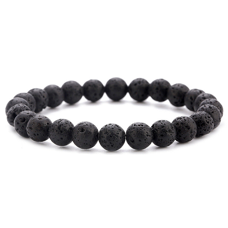 Natural Stone Beads Black Lava Rock Stone White Stretch Charm Strand Bracelet - Minihomy