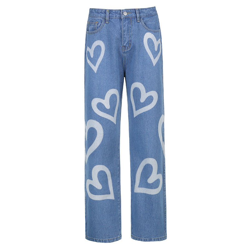 Love graffiti women high waist straight slim jeans - Minihomy