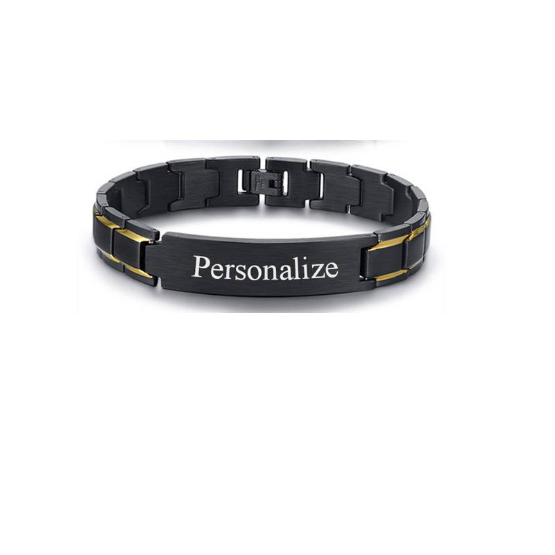 Custom Engraving Heavy Chain Bracelet 12mm Men's Black Matt Finish Curved Bar Charm Bracelet in Stainless Steel - Minihomy