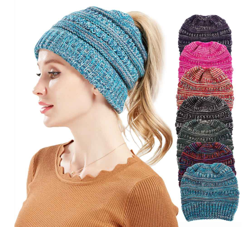 Mixed Color Knitted Wool Hat Ladies Non-labeled Ponytail Hat - Minihomy