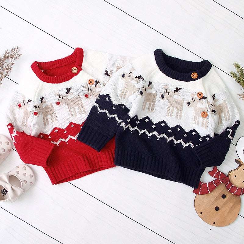 Boys and girls knitted cartoon Christmas elk sweater - Minihomy