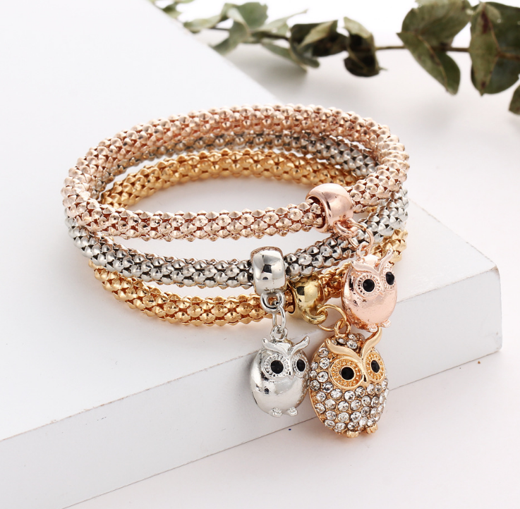 3 Pieces Set Crystal Bead Bracelet for Women Decorated with Crystal Owl Charm - Minihomy