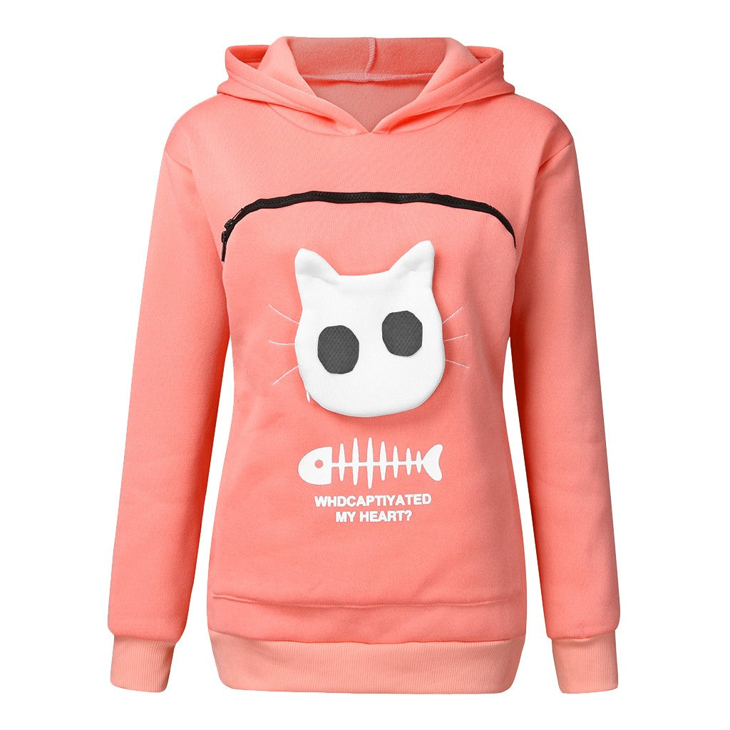 Kadın Kapşonlu Sweatshirt Kedi Evcil Hayvan Cep Tasarımı Uzun Kollu Kazak Kedi Kıyafeti