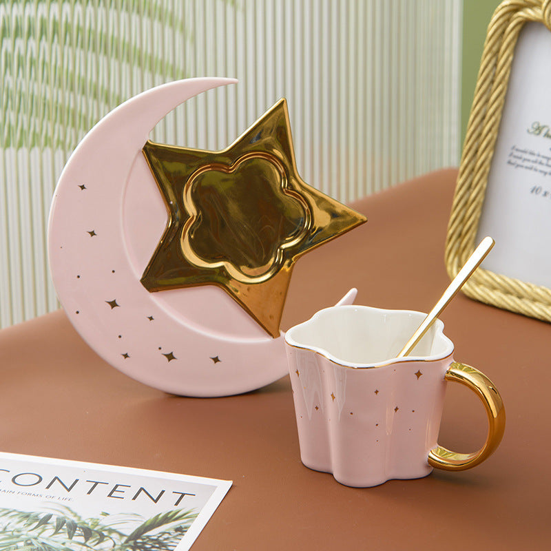 Creative Ceramic Cup With Star And Moon Saucer - Minihomy