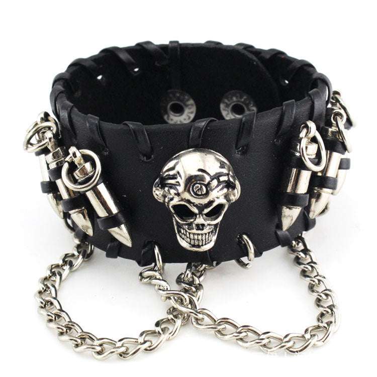 Men's Black PU Leather Bullet Wristband Adjustable Skull Metal Chain Bracelet Punk Biker Rock Gothic - Minihomy