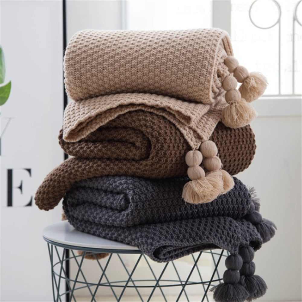 Nordic fringed knit ball blanket - Minihomy