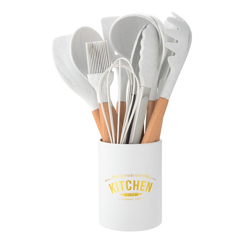 Marbled White Wooden Handle Silicone Kitchenware Set - Minihomy