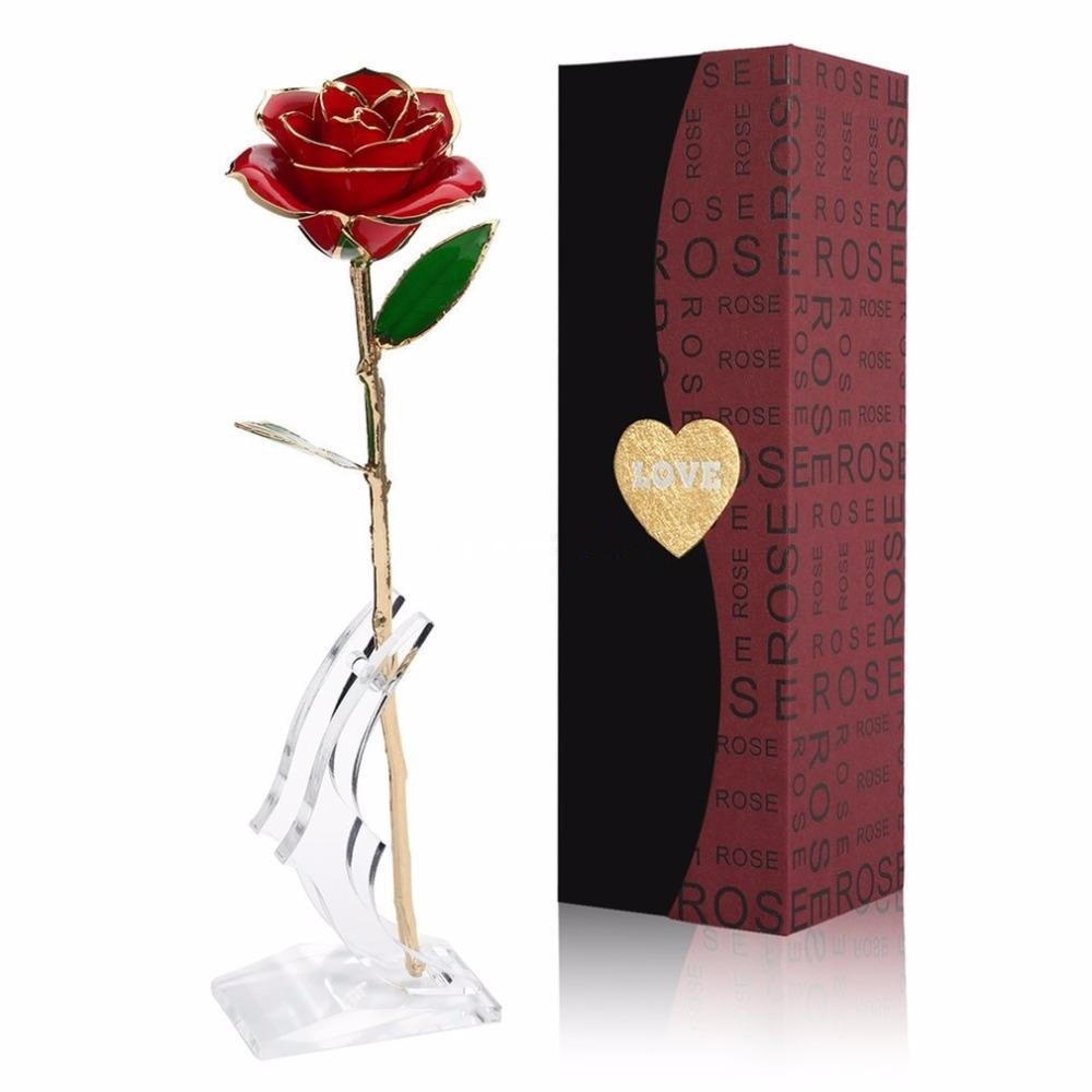 Love Forever Long Stem 24K Gold Foil Trim Rose Flower With B - Minihomy