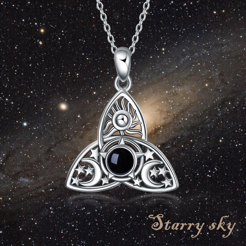 Triple Moon Goddess Triquetra Necklace Sterling Silver I Love You 100 Languages Pentagram Pentacle Pendant necklace Pagan Wiccan Jewelry