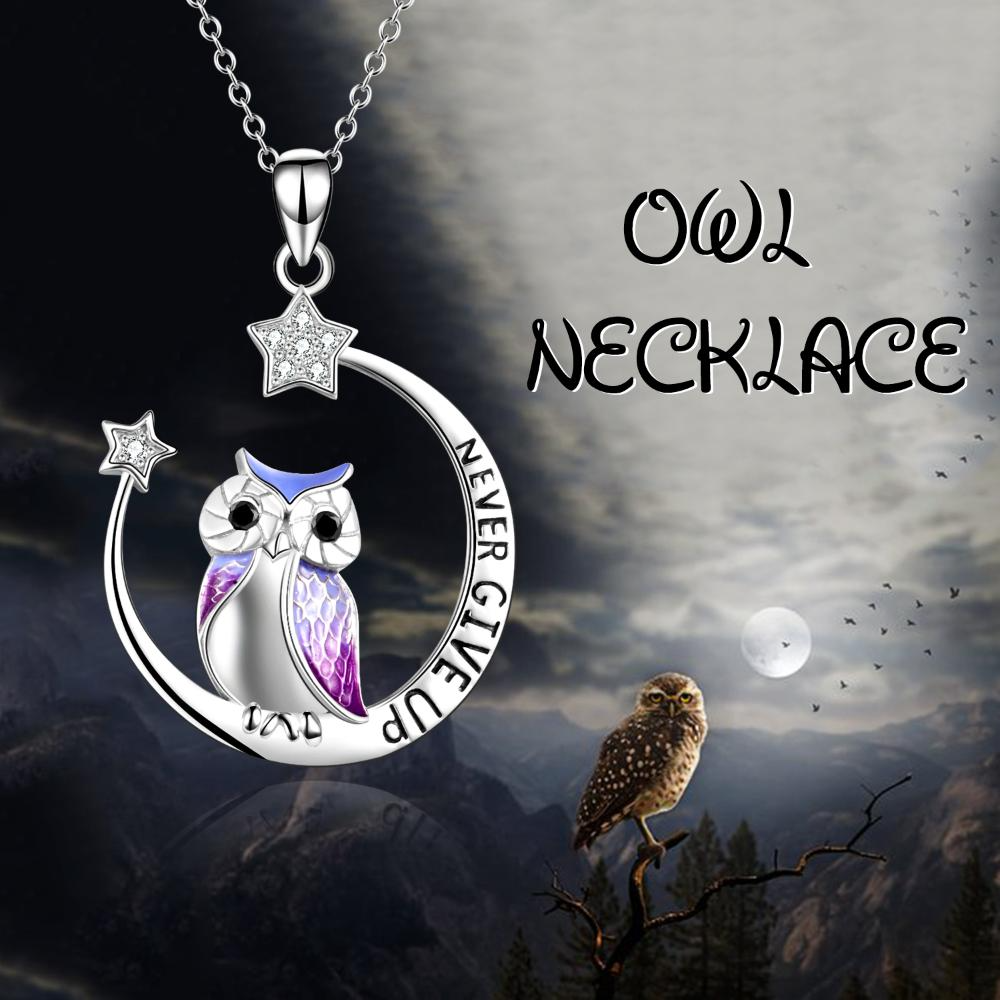 Sterling Silver Cute Owl on The Moon and Star Pendant Necklace for Women Girls