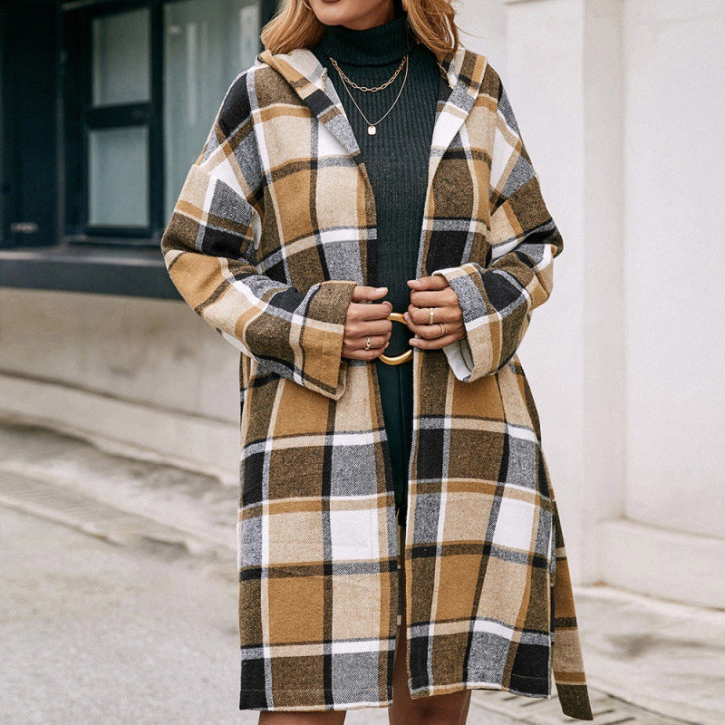 Loose Casual Plaid Mid-length Belted Hood - Minihomy