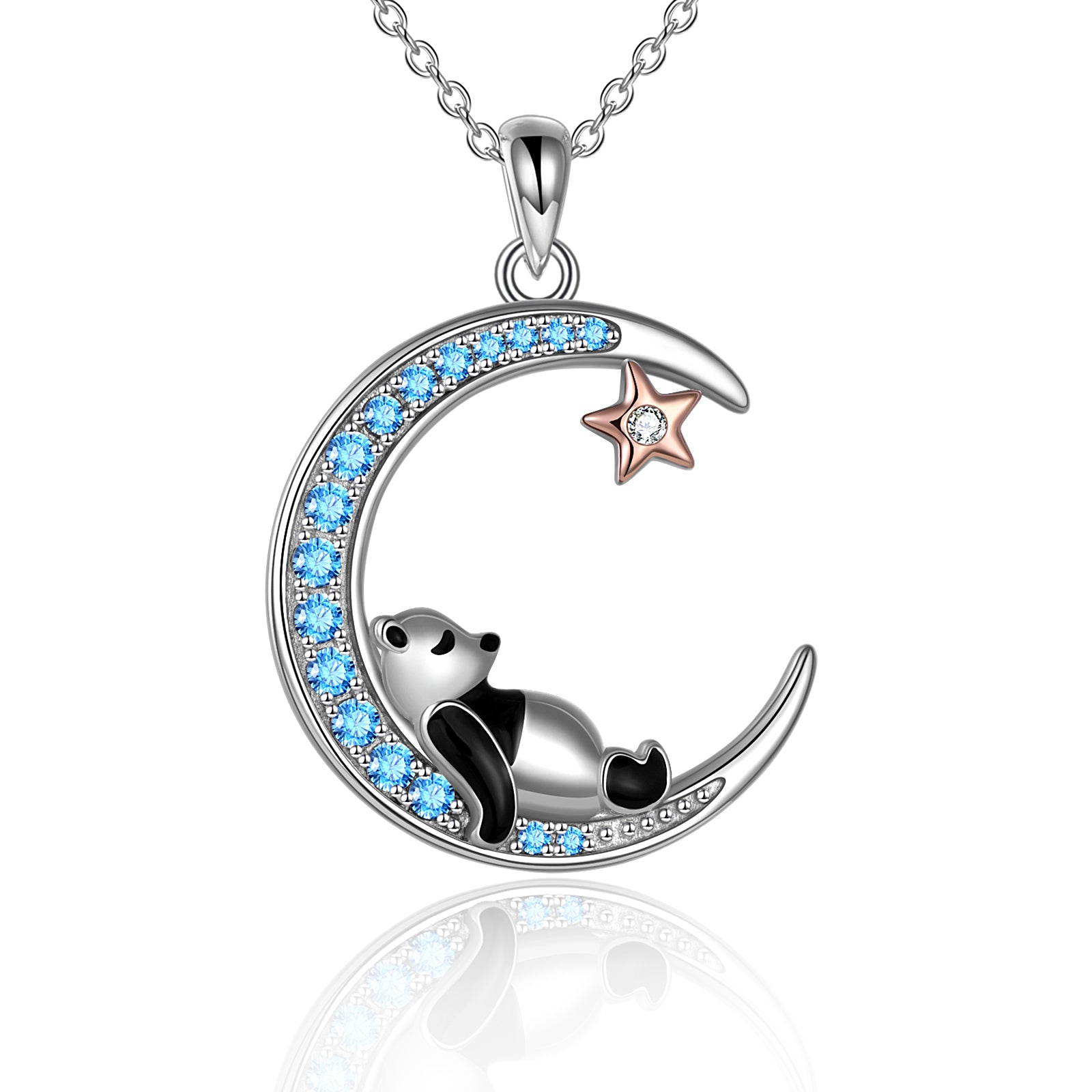 Sterling Silver Panda  Animal Moon Star Blue Pendant Necklace Jewelry Gift