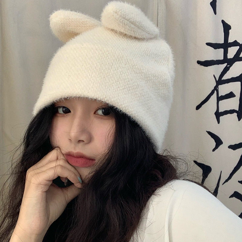 Cute Sweet Girl With Small Milk Bunny Ears Knitted Woolen Hat - Minihomy