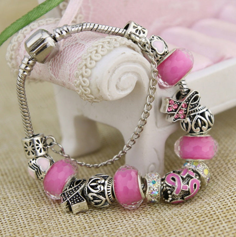 Explosive Beaded Alloy Pink Ribbon Bracelet - Minihomy