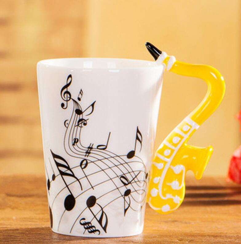 Coffee cup with music notes in the form of saxophone handle ceramic porcelain cup of tea milk method - Minihomy