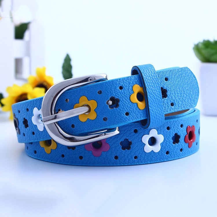 Leather belts women flower buckle belt Kids Waist Belt - Minihomy