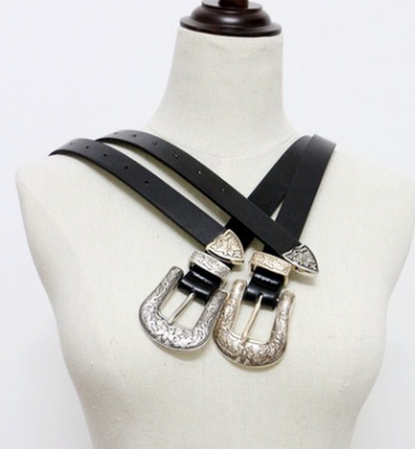 Double-headed vintage carved fashion silver buckle ladies pin buckle belt - Minihomy