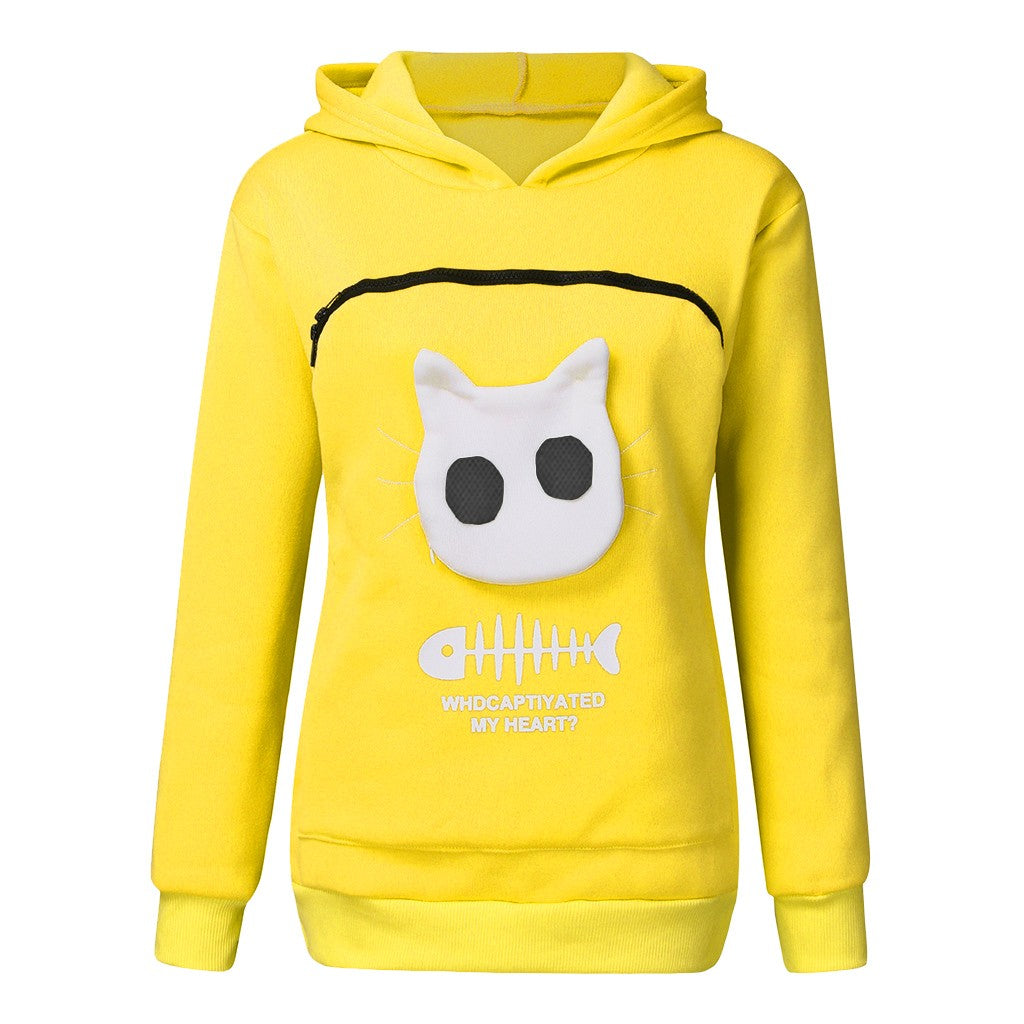 Kadın Kapşonlu Sweatshirt Kedi Evcil Hayvan Cep Tasarımı Uzun Kollu Kazak Kedi Kıyafeti