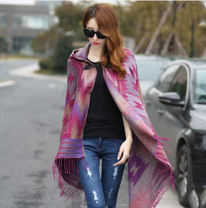 Retro national wind hooded cape shawl bohemian tourism horn buckle shawl