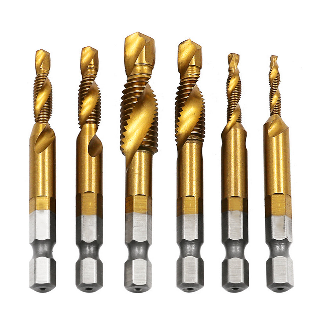 6pcs/set 1/4\' Hex HSS High Speed Steel Thread Spiral Screw M3 M4 M5 M6 M8 M10 Metric Composite Tap Drill Bit Tap - Minihomy